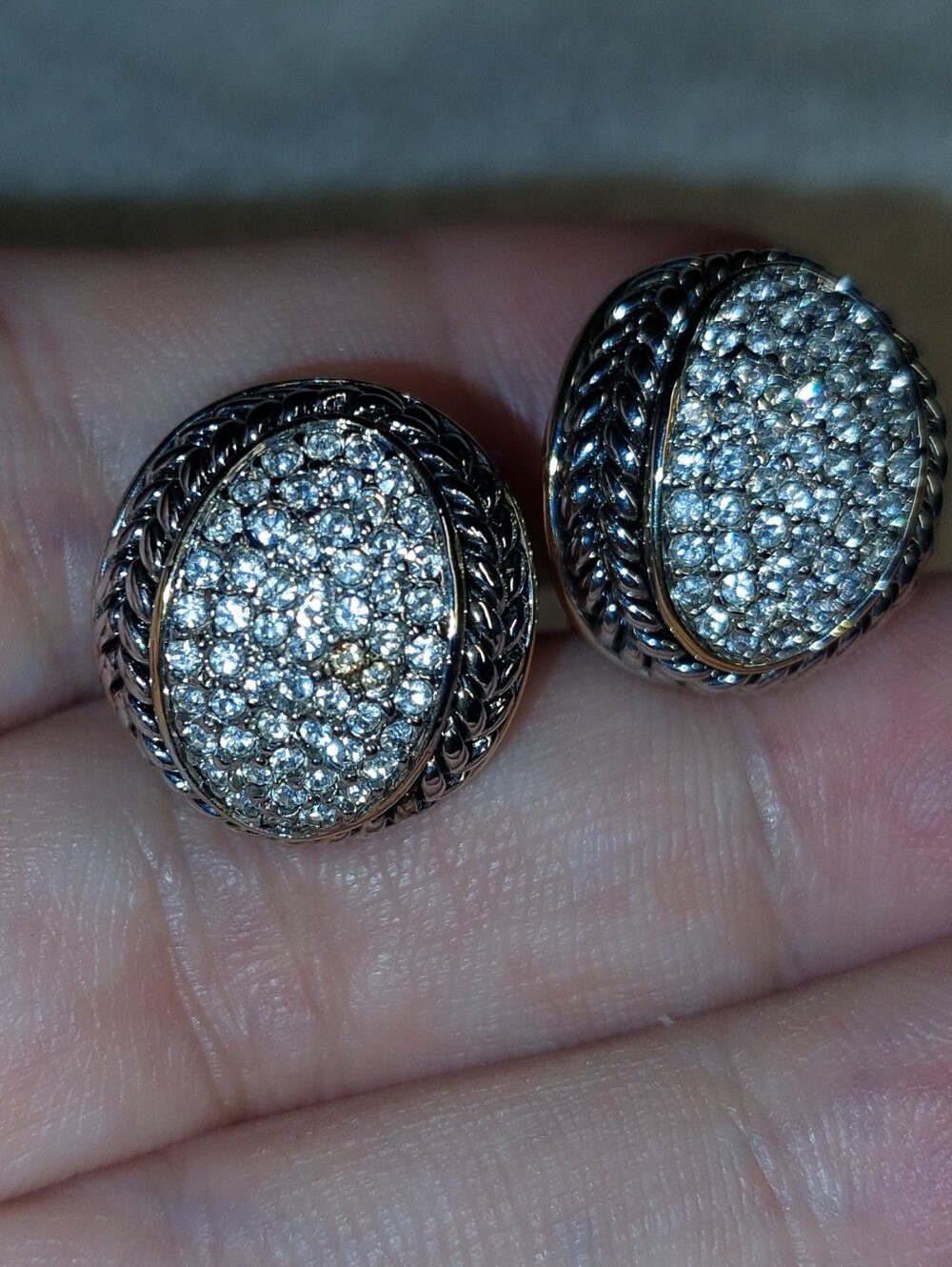 Diamond Pavé Oval Button Earrings - Silver Tone